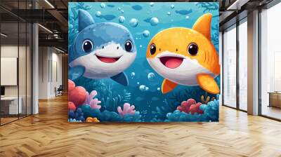 illustration of two cute colorful baby sharks on coral background Wall mural