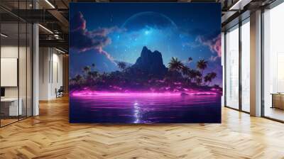 island with rainbow planet view in the sky, with generative ai Wall mural