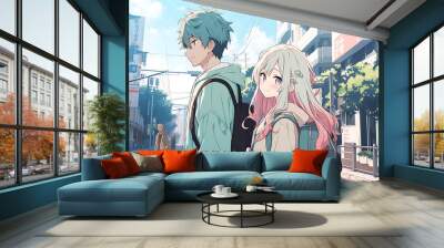 male and female anime characters walking together to a beautiful place Wall mural