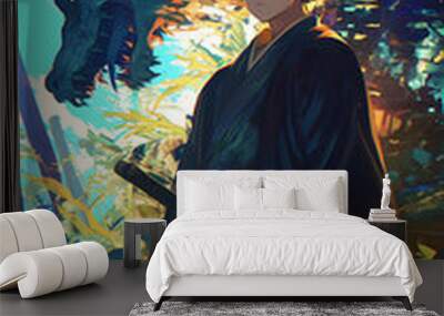 male anime character in kimono and dragon background Wall mural