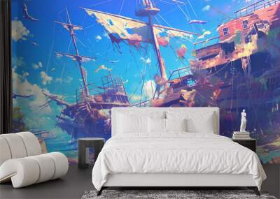 Old broken pirate ship 2d illustration Wall mural