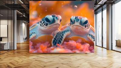 print illustration of two cute colorful baby turtles Wall mural