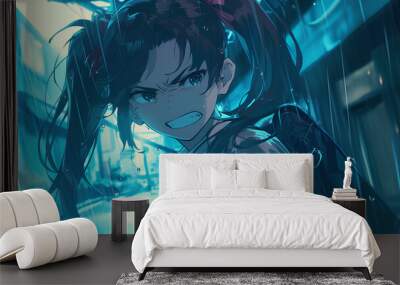 school uniform anime girl character with an annoyed face, pigtailed hair Wall mural