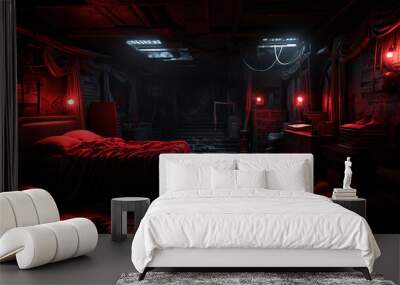 Spooky colored bedroom with extreme nightmare night, 3d illustration Wall mural