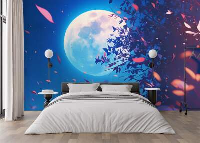 the moon was bright at night and the cherry trees were falling in the wind Wall mural