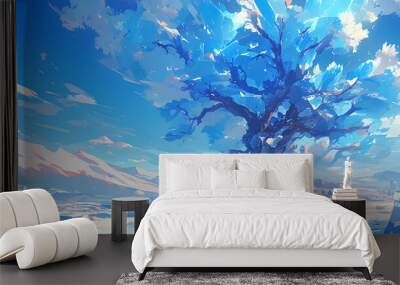 the view of a tree whose leaves are made of frozen blue and white ice Wall mural