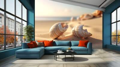 two sea shells on the beach rendering minimal background Wall mural