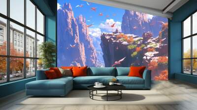 view of high rock cliff mountains, anime illustration Wall mural