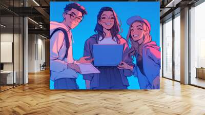 young campus people cool trendy clothes carrying laptops. Anime style Wall mural