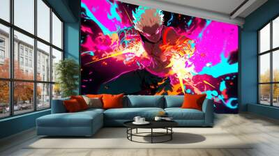 cool action pose anime for hero male fighter character, fire sparks, blurred background Wall mural