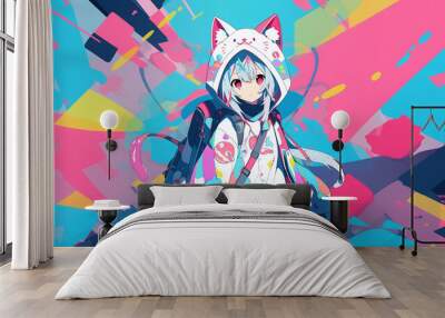 cute anime style girl animal costume cyberpunk school uniform, with generative ai Wall mural