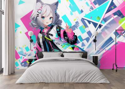 cute anime style girl animal costume cyberpunk school uniform, with generative ai Wall mural