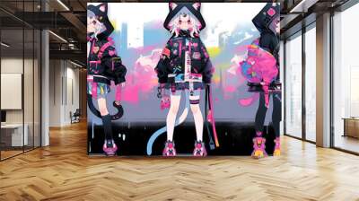 cute anime style girl animal costume cyberpunk school uniform, with generative ai Wall mural