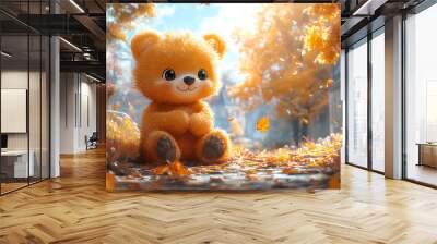 cute illustration of a baby bear in the forest Wall mural