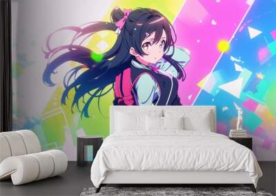 Tsundere dating beautiful anime girl, screenshot, bright colors background Wall mural