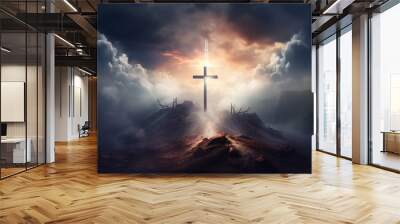 Holy cross symbolizing the death and resurrection of Jesus Christ with The sky over Golgotha Hill is shrouded in light and clouds. Generative AI Wall mural