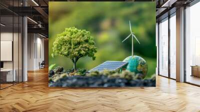 Sustainable energy concept on World Environment Day or International Day of Forests idea of tree and earth globe with solar panel and wind turbine in the background in nature. Generative AI Wall mural