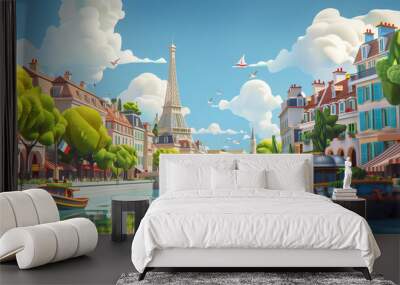 abstract panorama of paris, france, ludic scene, colorfull illustration Wall mural