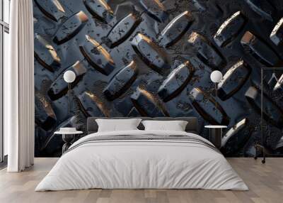 A close-up of a textured metal surface with diamond-shaped patterns. The surface is wet and reflects light. Wall mural