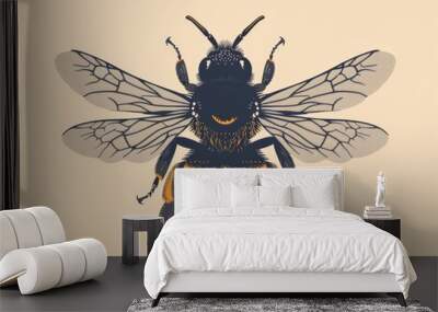 A detailed illustration of a bee with its wings spread, isolated on a beige background. Wall mural