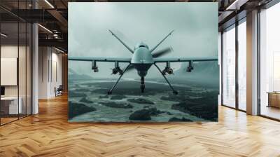 A military grade armed drone is shown in the middle of a stormy sky. Wall mural