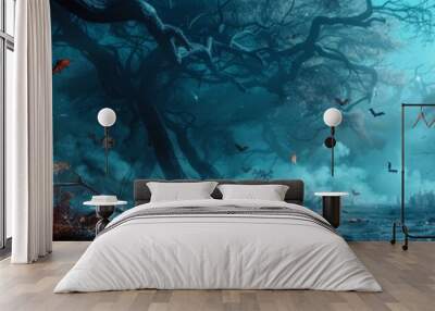 A spooky, blue forest with a glowing jack-o-lantern. Wall mural