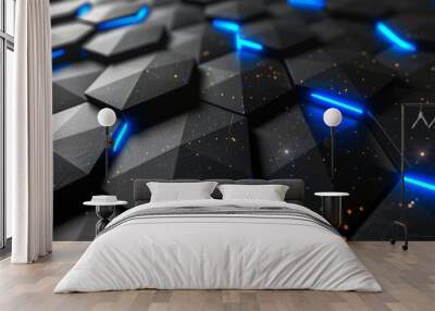 Abstract background with black textured hexagonal shapes and bright blue glowing lines. Wall mural