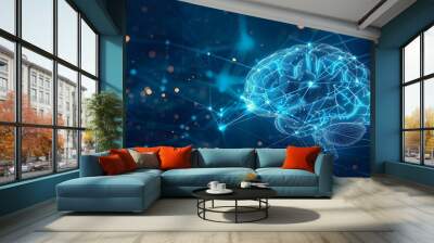 Abstract digital brain with connected lines and dots, representing neural network or artificial intelligence. Blue background. Wall mural