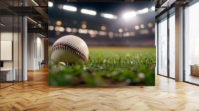 Baseball on field under bright stadium lights Wall mural