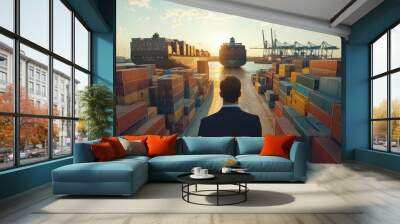 Businessman Standing Amidst Cargo Containers at Sunset Wall mural