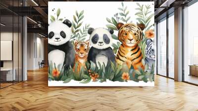 Cute cartoon animals. Panda, tiger, lion and elephant. Watercolor style. Perfect for kids room decor. Wall mural