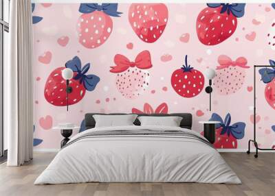 Cute seamless pattern with strawberries and bows on pink background. Wall mural