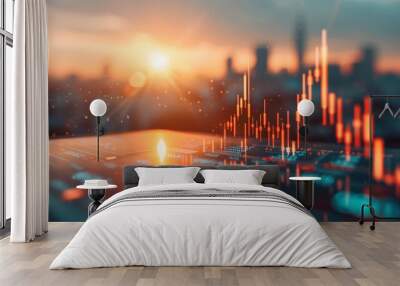 Digital financial graphs and charts rise over a cityscape at sunset, representing market trends and economic growth in a vibrant scene.
 Wall mural