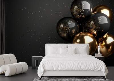 Elegant black and gold balloons on a dark background with sparkles, perfect for festive celebrations and sophisticated events. Wall mural