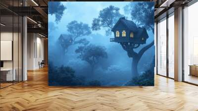 Enchanted Treehouse in Misty Forest at Night Wall mural