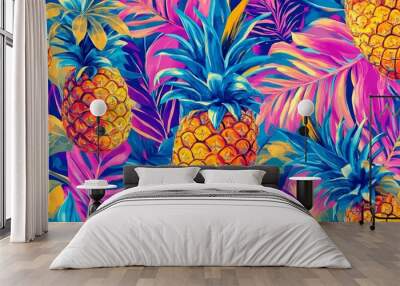 Exotic pineapple and tropical leaves pattern, a vibrant summery design for touch of paradise Wall mural