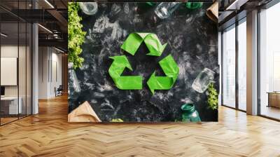 Green Recycle Symbol with Cardboard and Glass Bottles on Black Background Wall mural