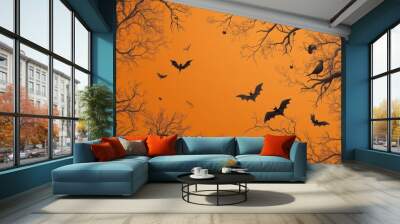 Halloween Bats Flying in Orange Sky Branch Tree  Silhouette Wall mural