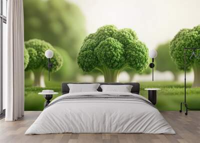 Healthy broccoli isolated on white ,green tree and grass with a fresh, healthy broccoli isolated on white background Wall mural