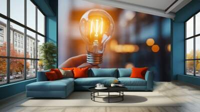 Illuminating innovation, hand holding a light bulb as symbol of bright ideas and creative solutions Wall mural