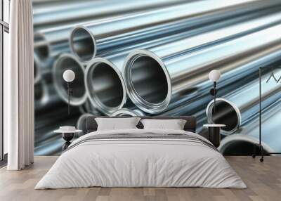 Industrial strength, a closeup view of stacked steel pipes for construction Wall mural