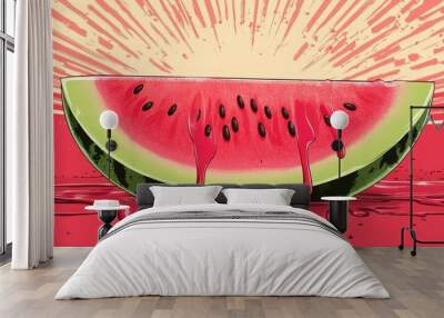 Juicy Watermelon Slice with Dripping Red Juice and Sunburst Background Wall mural