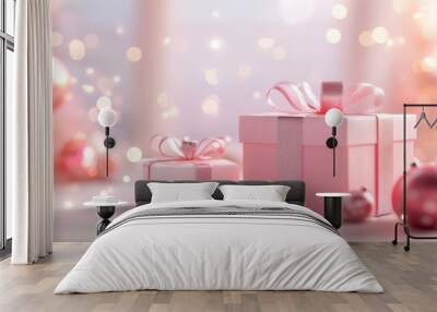 Pink christmas delight, gift box and sparkling tree on a festive background  Wall mural