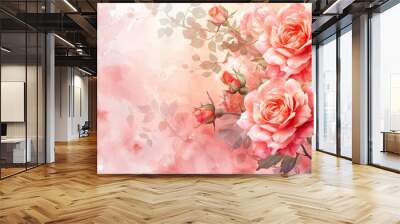 Pink roses in soft focus with a painterly background in shades of pink. Wall mural