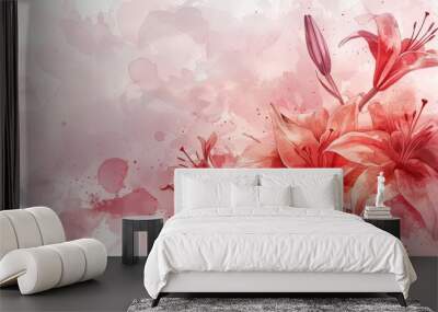 Red lily flowers with watercolor background, can be used as wallpaper, postcard or book cover. Wall mural