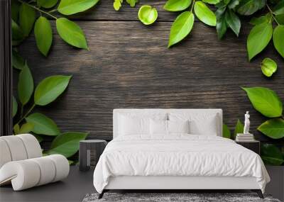 Rustic wooden background with lush green leaves for natureinspired designs  Wall mural