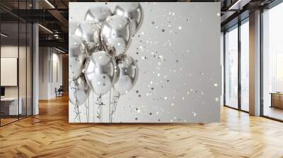 Silver balloons and confetti falling against a white background. Wall mural