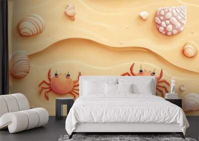 Summer Beach Scene with Crabs and Seashells Wall mural