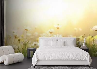 Sunny Meadow with White and Yellow Flowers Blooming in Springtime Wall mural