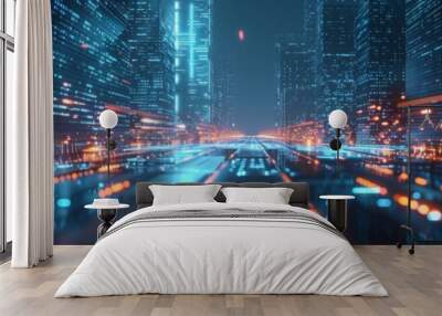 The city of the future with flying cars and holographic advertisements. Wall mural